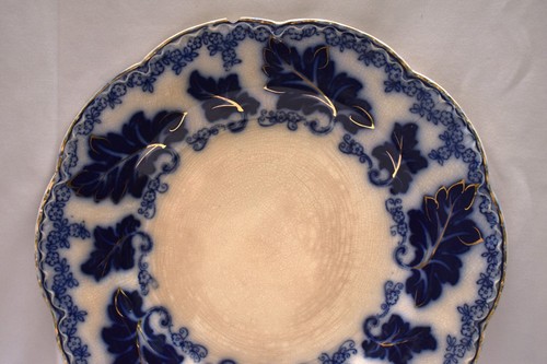 Antique Normandy Johnson Bros England Plate Blue Leaf Gold Rim 10" Crazed Chip - Picture 3 of 10