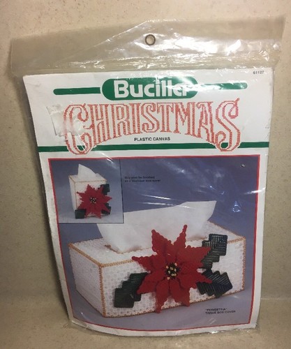 RARE HTF Bucilla Christmas Plastic Canvas Kit Poinsettia Tissue Box Cover #61127 - Bild 2 von 7
