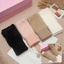 Women Wrist Arm Knitted Mitten Plush Furry Winter Hand Warmer Fingerless Gloves