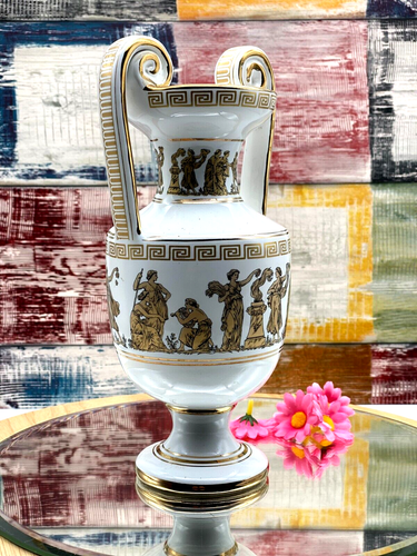 Vintage Porcelain White Vase 24k Gold Greek Mythology Figures Rhodes Hand Made - Picture 12 of 14