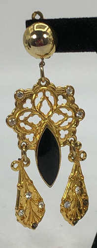 VTG Gold Tone Statement Chandelier Style Clip Earrings Rhinestones Black Stone - Imagen 2 de 7
