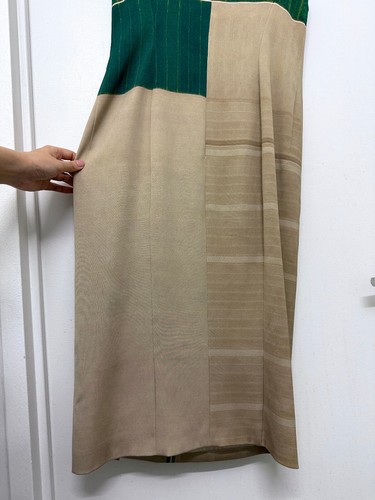 Akris Farm Flower Field Print Silk Dress Sheath Colorblock Stripe Tan Green 10 - Picture 13 of 18
