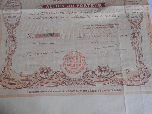 Vintage share certificate Stock Bond action Durst wild Brothers Hat makers 1916 - Picture 3 of 4