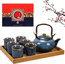 Japanese Tea Set with Teapot Tea Cups Tea Tray - Kiln Altered Glaze Porcelain