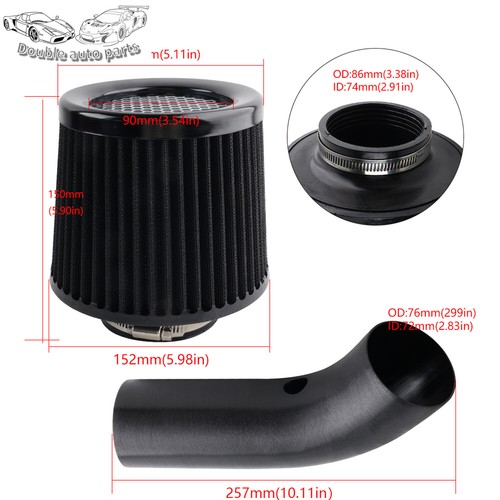 Black Car Cold Air Intake Filter Kit 3 " 76mm Induction Pipe Power Flow Hose New - Picture 2 of 10