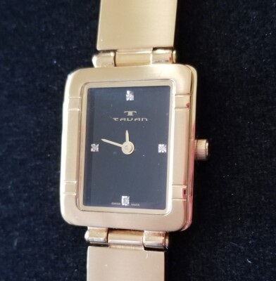 Tauan Gold Tone Watch Black Dial Crystal Markers Link Band  display picture 1