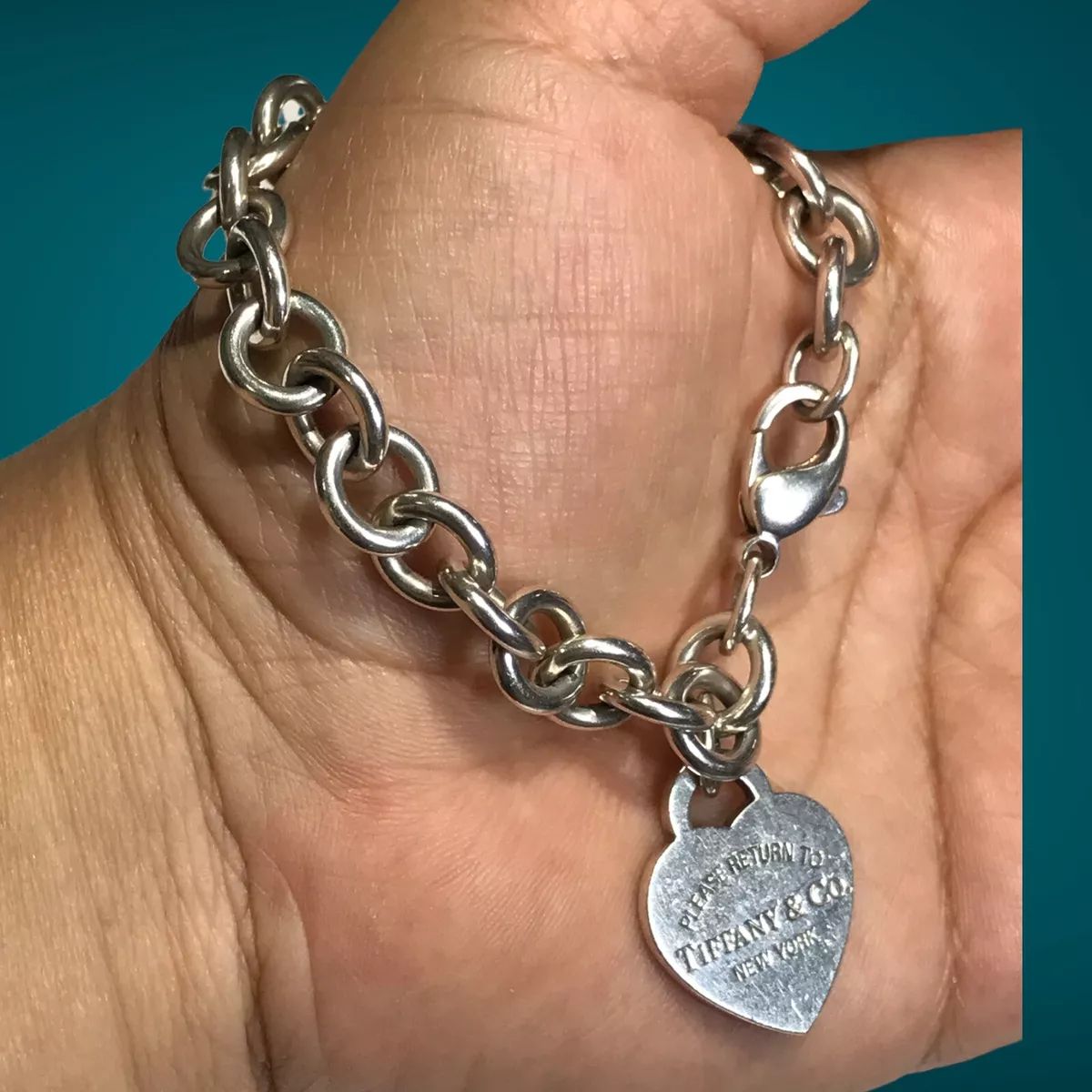 Vintage Tiffany & Co Sterling Silver Heart Tag Charm Bracelet 