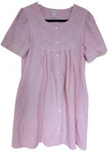 Miss Elaine Seersucker Housecoat Short Sleeve Pockets Pink Stripe Embroidered