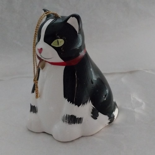 Vtg Silvestri Handpainted Ceramic Tuxedo Cat Red Bow Big Eye Bell Ornament 3.25" - Picture 4 of 10