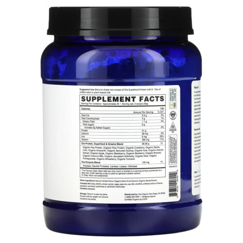 Ora Organic Plant Based Vegan 21g Protein Powder Superfood USDA Organic, Vanilla - Picture 2 of 8
