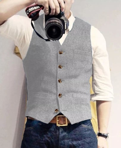 Mens Tweed Waistcoats Hunting Wool Vests Herringbone Vintage Retro Wedding Lined - Picture 13 of 36