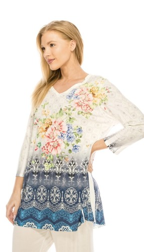 JOSTAR POLY SPANDEX Point Hem LONG TOP Stretch Knit Yellow Blue SPARKLES 2X 3X - Picture 3 of 8