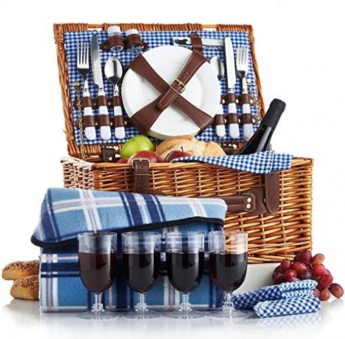 4 Person Wicker Picnic Basket Hamper Set Flatware Plates Wine Glasses Blue NEW 4 Person Wicker Picnic Basket Hamper Set Flatware Plates Wine Glasses Blue NEW