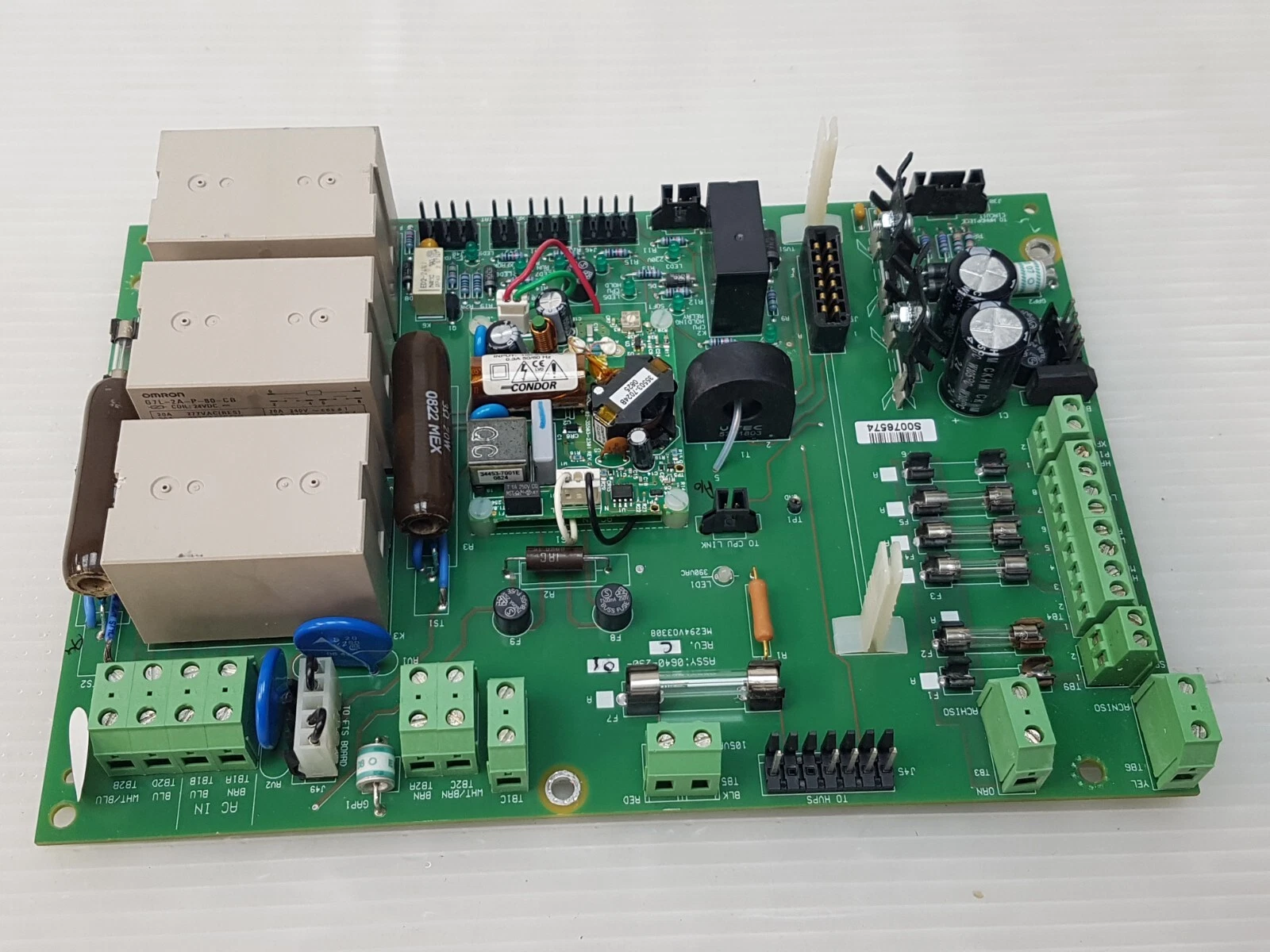 0640-290-01 AC Control board rotated, showing the AC IN terminals, fuses and Condor module