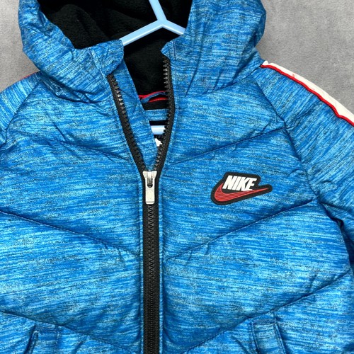 Nike Chevron Puffer Jacket Boys 3T Blue Down Logo Long Sleeve Full Zip Hooded - Picture 2 of 9