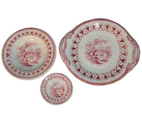 Staffordshire Kinder Spielzeug Trio von Platten 1850 Fischer Angeln rote Kuh