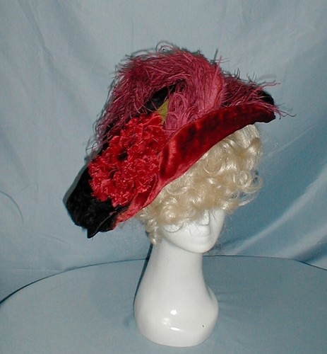 Antique Hat Edwardian 1912 Black and Red Velvet Red Floral Trim w/ Feathers