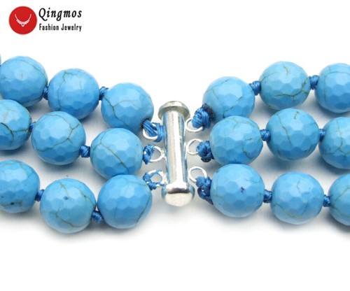 Collana 3 Fili 10mm Blu Sfaccettato Tondo Turchese per Donna Gioielli 17-19'' - Foto 6 di 9