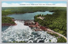 Iron Mountain Michigan Quinnesec Falls Power Plant Linen Postcard Unposted