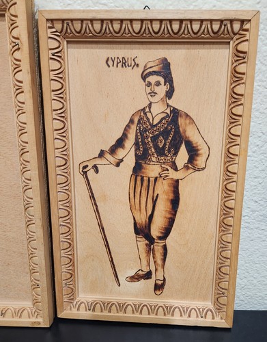 ORIGINAL WOOD BURNING PYROGRAPHY FRAMED FOLK ART TRADITIONAL PEOPLE FROM CYPRUS - Picture 2 of 14