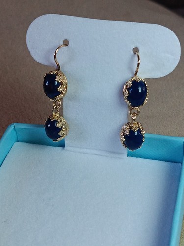 Orecchini Leverback Blu Cabochon Cianite Giallo 14k Goccia - Foto 2 di 10