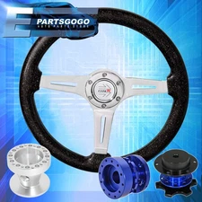 Metallic Black Steering Wheel + Extender + Blue Quick Release For 86-01 Integra