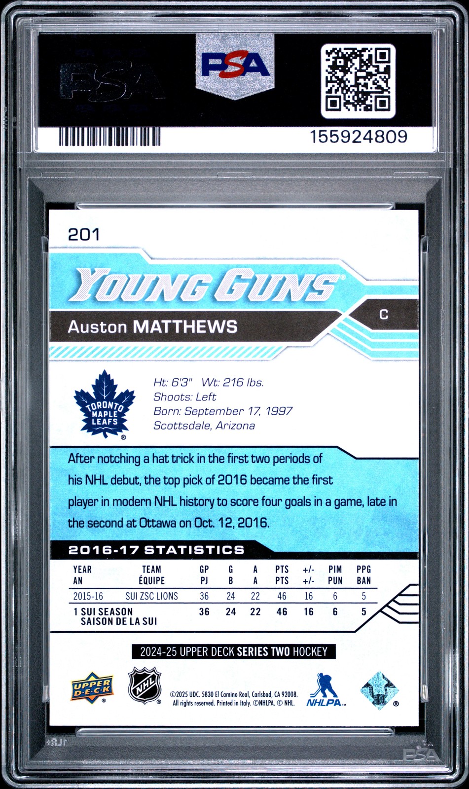 2024 Upper Deck 201 Auston Matthews Young Guns Renewed Series 2 PSA 10 155924809 view 2