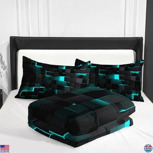 Set 3 pezzi piumone king turchese nero fluo 3 pezzi geometrico decorazione biancheria da letto bambini - Foto 6 di 7