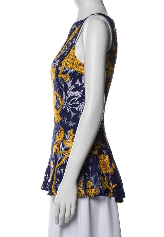 Oscar De La Renta Silk Embroidered Lace Top Blue Yellow Gold sz M US6 AU10 UK10  - Image 3 of 4