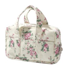 Pink Flower Large Corduroy Pencil Case 5 Compartment Pouch Bag Zipper