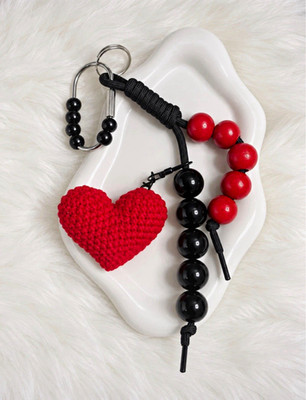 Heart Beaded Key Chain Key Ring Red Black Silver Metal Wood Unisex
