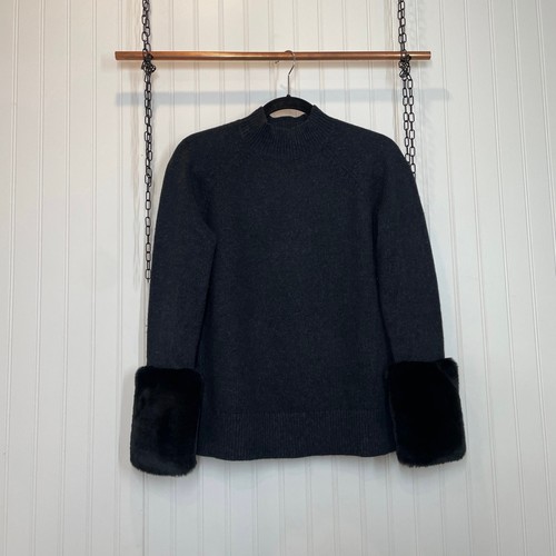 Boden Benedicta Sweater Black Knit Faux Fur Cuffs Wool Cashmere Blend Size S