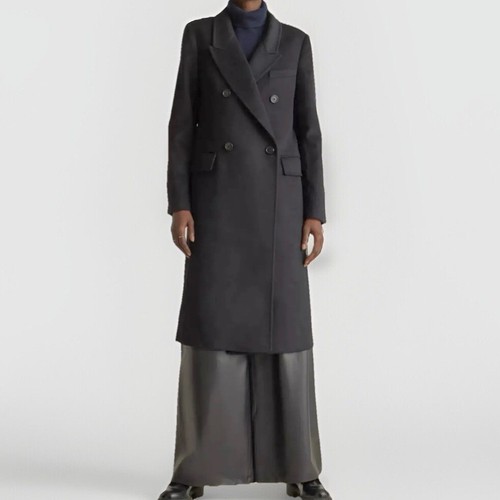 Quince Women's XS trench Coat Long Black Italian Wool Double-Breasted Coat - Picture 1 of 9