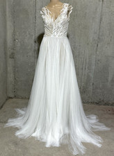 Watters Crystal Embroidered Tulle White Beige Nude Long Wedding Gown Dress US 2