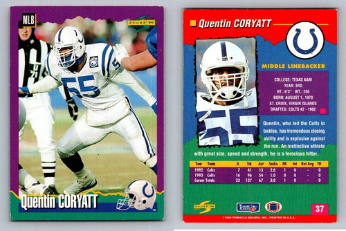 Quentin Coryatt Middle Linebacker Indianapolis Colts Score 1994 Card 37 - Picture 1 of 12