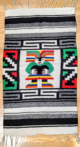 Vtg Mexican Handwoven Wool Rug Serape Blanket Aztec Mayan Warrior Deity 36"x20"
