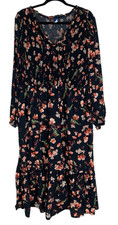 Women's Old Navy Black Floral Long Sleeve Smocked V-Neck Midi Dress Size 2X Boho