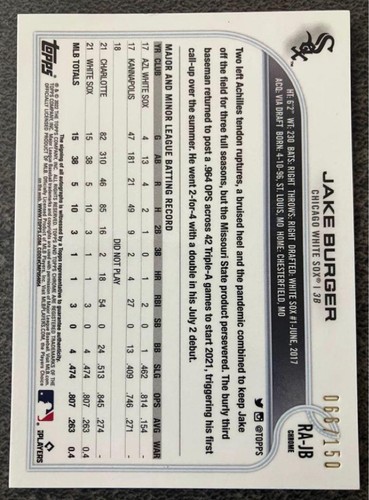 2020 Topps Chrome Jake Burger Chicago White Sox RC Auto /150 #RA-JB From Japan - Picture 20 of 24
