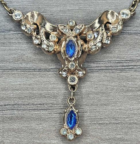 Antique Demi Parure Blue Rhinestone Box Clasp Necklace Screwback Dangle Earrings - Picture 3 of 12