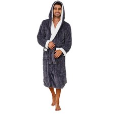 Mens Hooded Full Length Plush Fleece Bathrobe Thick Warm Robe