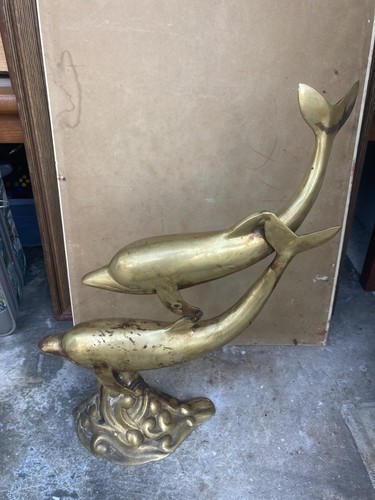 Vintage Large Brass Dolphin Statue on Wave - Picture 4 of 8