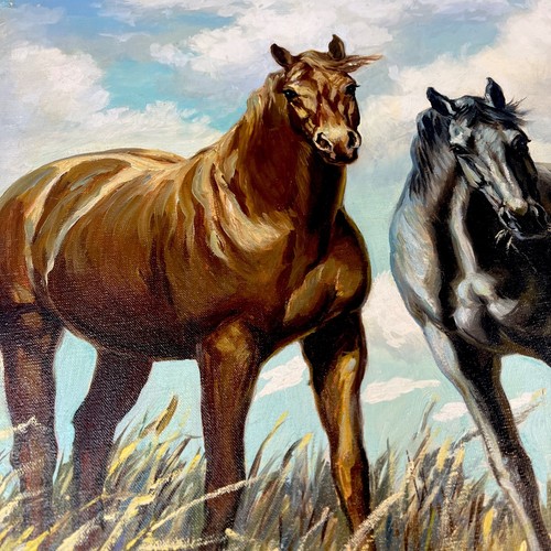 R. Russell Brown Original Óleo Caballo Escena Firmado Lienzo Estirado Sobre Marco - Imagen 4 de 8