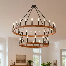 48'' Pendant 36 Lights Large Wagon Wheel Wood-Grain Farmhouse Chandelier Fixture