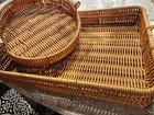 2 Piece Serving Tray Set With Wood Handles Fake Rattan Drinks Party Holiday Boho