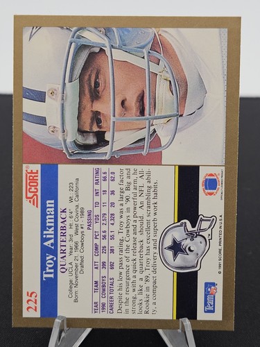1991 Score Football Troy Aikman Card #225 Dallas Cowboys NFL - Bild 2 von 2