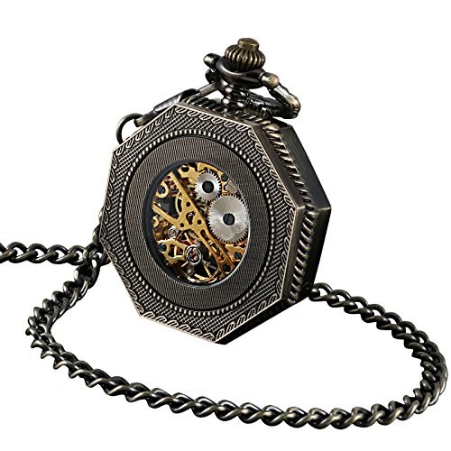 ShoppeWatch Skelett Taschenuhr mit Kette Bronze Achteck Etui Steampunk - Bild 4 von 7