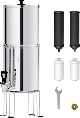 Gravity-Fed Water Filter System, 2.25G Stainless-Steel System with 4 Filters, Me