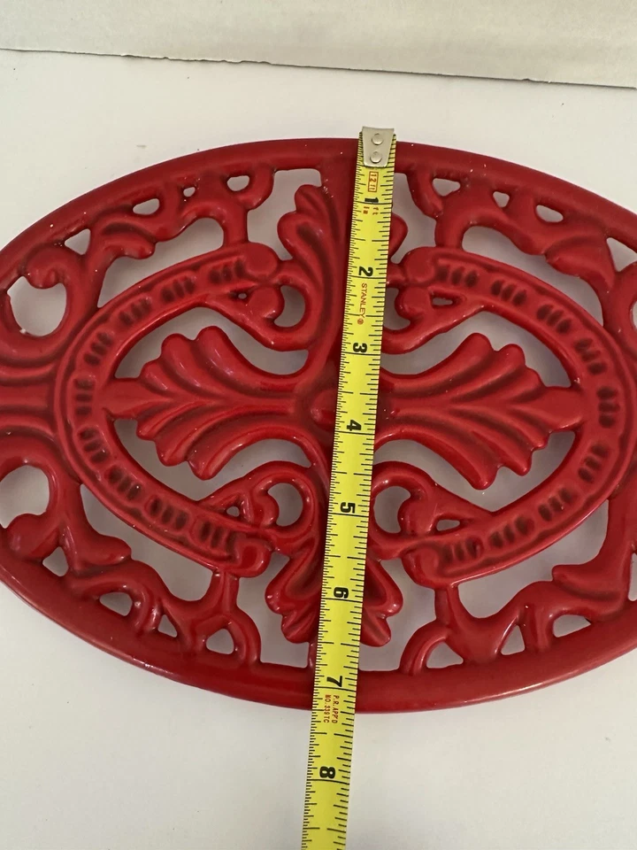 Cast Iron Large Trivet Oval Footed Red Enameled Metal Hot Plate Ornate Farmhouse - Image 4 of 4