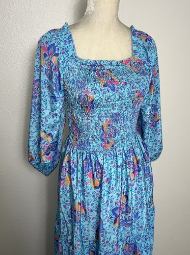 Maxi Vestido Me 2 Magic Anthropologie Azul Floral Calado Niveles Línea A Nuevo L - Imagen 4 de 24