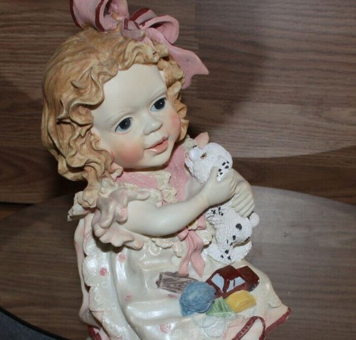 mantel sitter adorable girl pink dress ribbon holding puppy toys shelf dresser - Picture 2 of 10